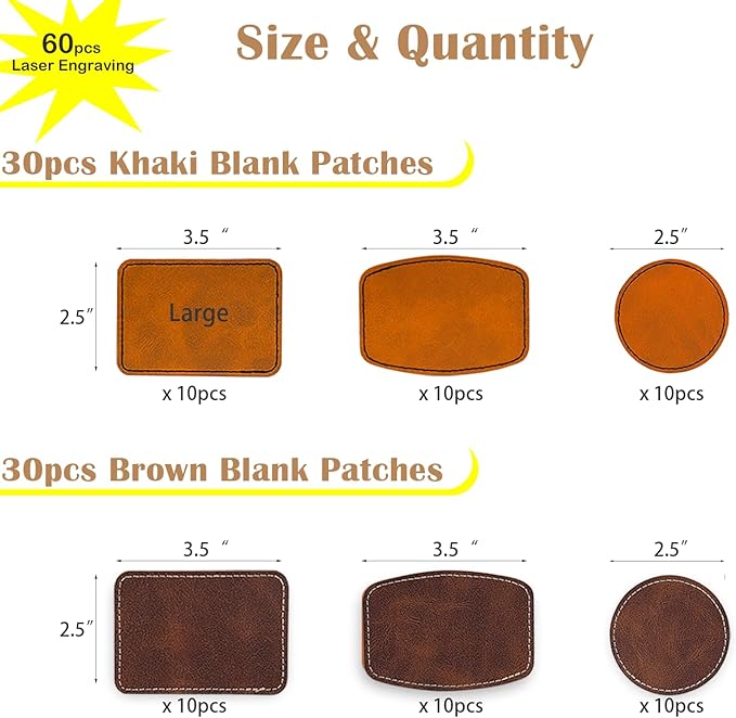 Laser Engraving Blanks - 60pcs Leatherette Khaki Hat Patches - PU Leather Iron on Hat Patch for DIY Custom Laserable Engravable