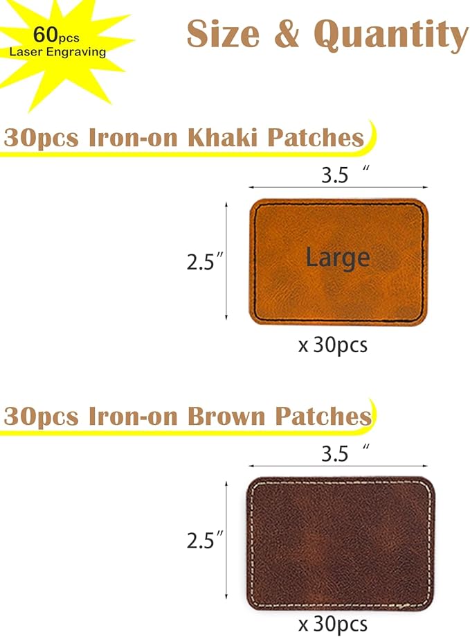 Laser Engraving Blanks - 60pcs Leatherette Khaki Hat Patches - PU Leather Iron on Hat Patch for DIY Custom Laserable Engravable