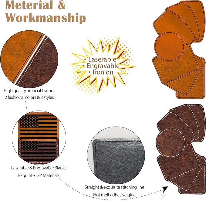 Laser Engraving Blanks - 60pcs Leatherette Khaki Hat Patches - PU Leather Iron on Hat Patch for DIY Custom Laserable Engravable