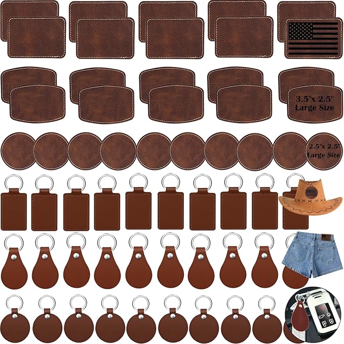 Laser Engraving Blanks - 60pcs Leatherette Khaki Hat Patches - PU Leather Iron on Hat Patch for DIY Custom Laserable Engravable