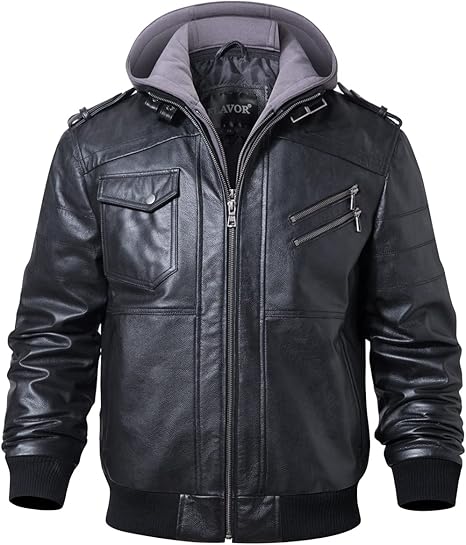 Men Brown Leather Motorcycle Jacket with Removable Hood