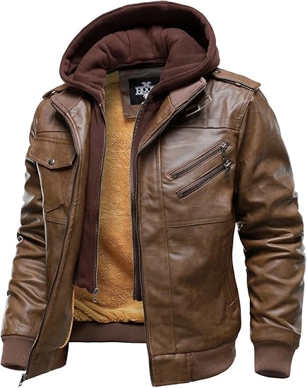 HOOD CREW Men’s PU Leather Jacket with Removable Hood
