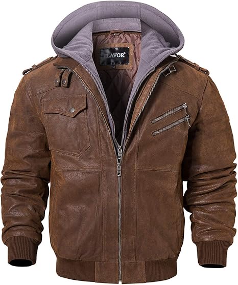 Men Brown Leather Motorcycle Jacket with Removable Hood