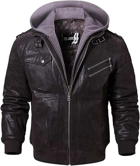 Men Brown Leather Motorcycle Jacket with Removable Hood
