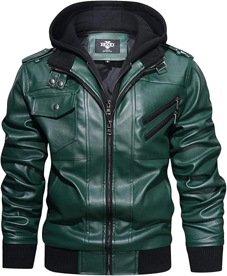 DEVORO Men’s Casual PU Faux Leather Zip-Up Bomber Jacket with Stand Collar & Removable Hood