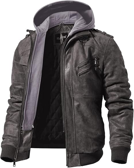 Men Brown Leather Motorcycle Jacket with Removable Hood