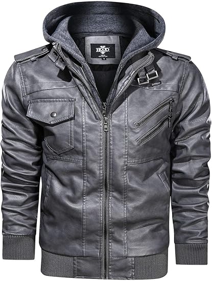 HOOD CREW Men’s PU Leather Jacket with Removable Hood
