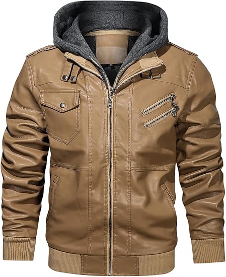 HOOD CREW Men’s PU Leather Jacket with Removable Hood