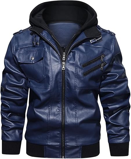 HOOD CREW Men’s PU Leather Jacket with Removable Hood