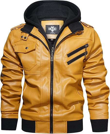 HOOD CREW Men’s PU Leather Jacket with Removable Hood
