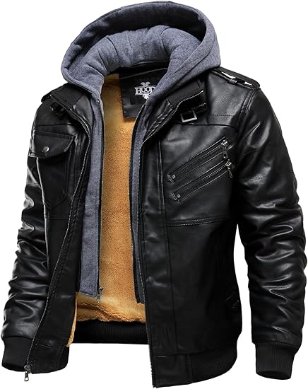 HOOD CREW Men’s PU Leather Jacket with Removable Hood