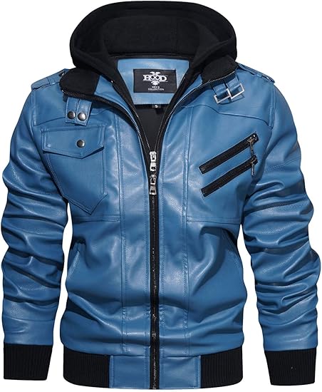 HOOD CREW Men’s PU Leather Jacket with Removable Hood
