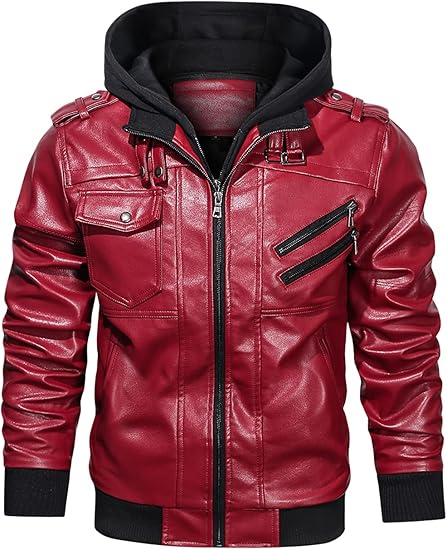 HOOD CREW Men’s PU Leather Jacket with Removable Hood