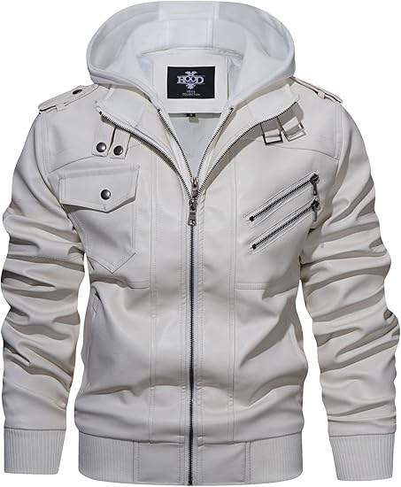 HOOD CREW Men’s PU Leather Jacket with Removable Hood